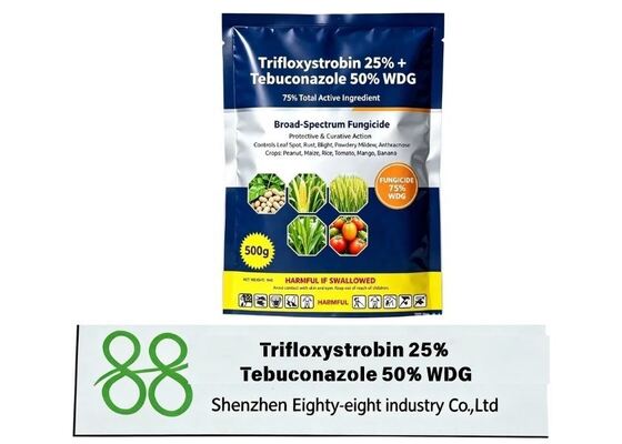Factory direct Trifloxystrobin + Tebuconazole WDG fungicide. Dual mechanism, long residual effect, ideal for orchard and field crop disease management.